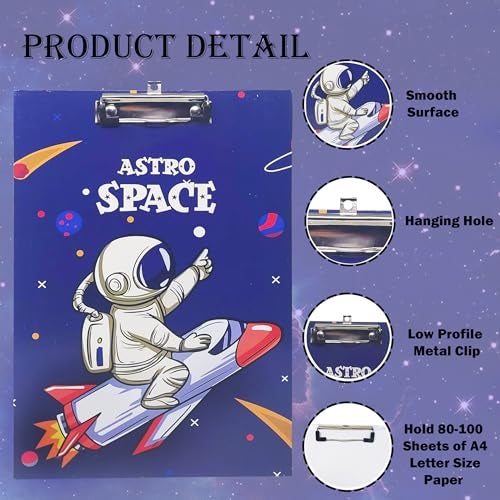 PARTEET Cardboard Standard A4 Letter Size for Students, Teacher, Woman and Kids, Low Profile Clip, Decorative Clipboards, Cute Clipboard Space Pattern, Size 9" x 14" - Image 3
