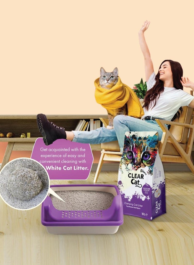 كلير كات بلانكو رمل قطط متكتل برائحة اللافندر من كلير كات بلانكو، سعة 10 لتر، بنتونيت أبيض طبيعي 100%، تكتل سريع ومتماسك، امتصاص عالٍ، منخفض الغبار، قليل التبعثر، انتعاش يدوم طويلاً - Image 2