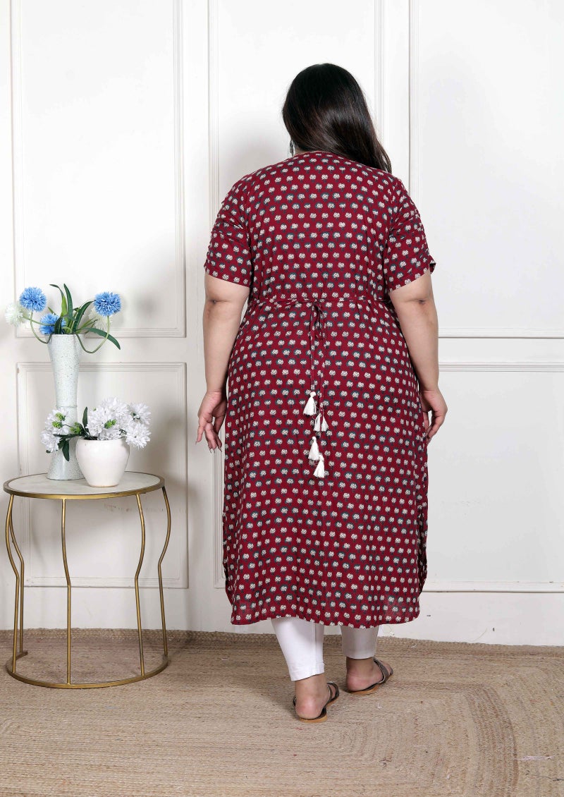 Miravan WOMENS Plus Size  Relaxed Fit Red Floral Printed A-Line Pure Cotton Kurta - Image 5