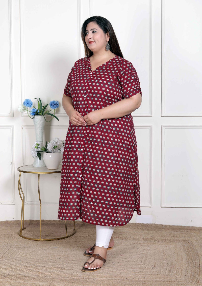 Miravan WOMENS Plus Size  Relaxed Fit Red Floral Printed A-Line Pure Cotton Kurta - Image 2