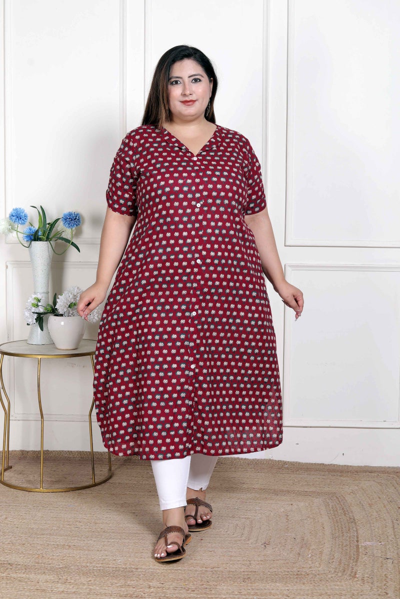 Miravan WOMENS Plus Size  Relaxed Fit Red Floral Printed A-Line Pure Cotton Kurta - Image 1