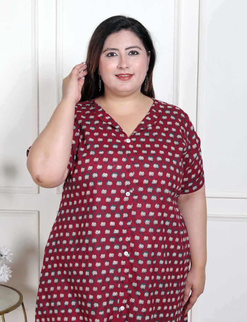 Miravan WOMENS Plus Size  Relaxed Fit Red Floral Printed A-Line Pure Cotton Kurta - Image 3