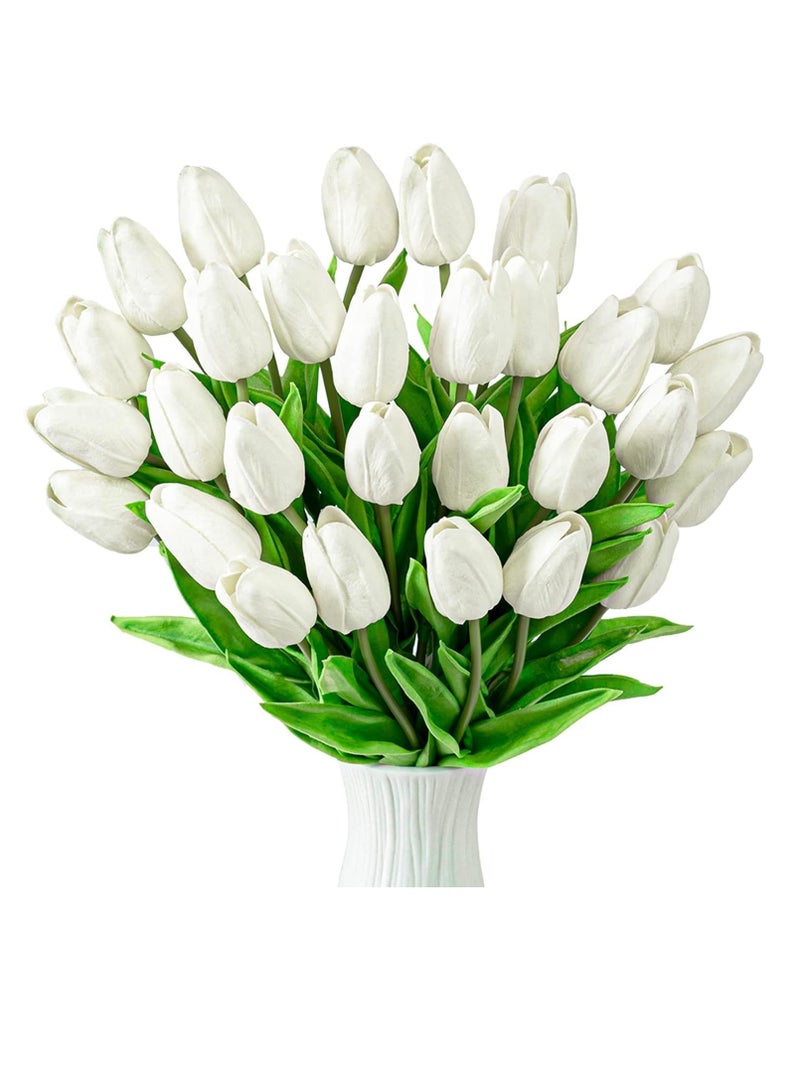 Generic Fake Tulips Artificial Flowers for Decoration, Faux Flowers Silk Tulips Real Touch Flowers Arrangement for Home Decor Indoor, Fake Flowers Bulk for Thanksgiving Gift Vase Wedding 30 pcs White  - Image 1