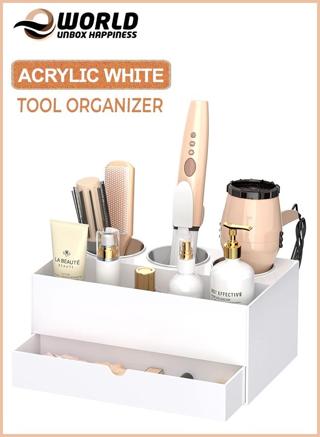 إي وورلد منظم أدوات الشعر الأكريليكي الأبيض مع 3 أكواب من الفولاذ المقاوم للصدأ ودرج، الحل النهائي للقرطاسية ومستحضرات التجميل ومستلزمات الحمام وإكسسوارات التجميل للمنزل، والمكتب، والفندق. - Image 1