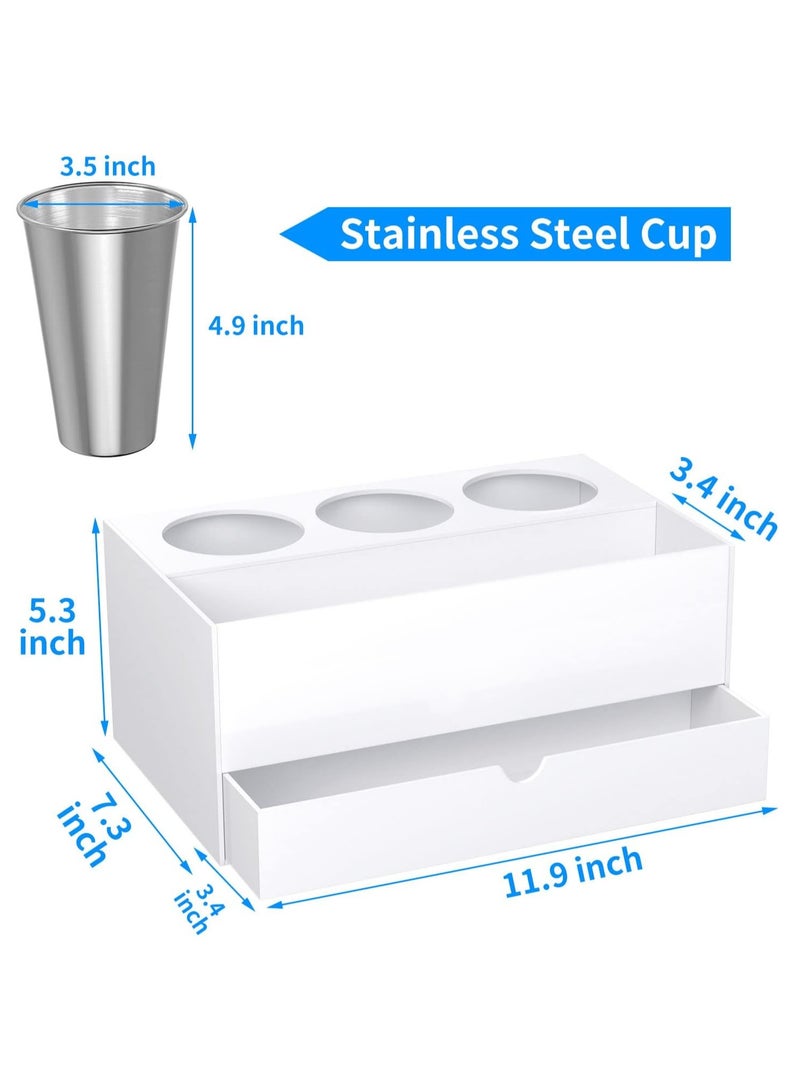 إي وورلد منظم أدوات الشعر الأكريليكي الأبيض مع 3 أكواب من الفولاذ المقاوم للصدأ ودرج، الحل النهائي للقرطاسية ومستحضرات التجميل ومستلزمات الحمام وإكسسوارات التجميل للمنزل، والمكتب، والفندق. - Image 2