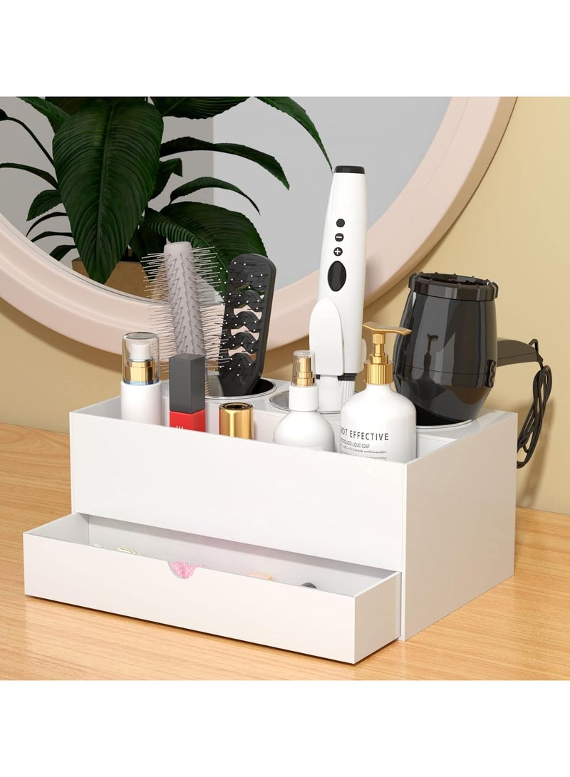 إي وورلد منظم أدوات الشعر الأكريليكي الأبيض مع 3 أكواب من الفولاذ المقاوم للصدأ ودرج، الحل النهائي للقرطاسية ومستحضرات التجميل ومستلزمات الحمام وإكسسوارات التجميل للمنزل، والمكتب، والفندق. - Image 3