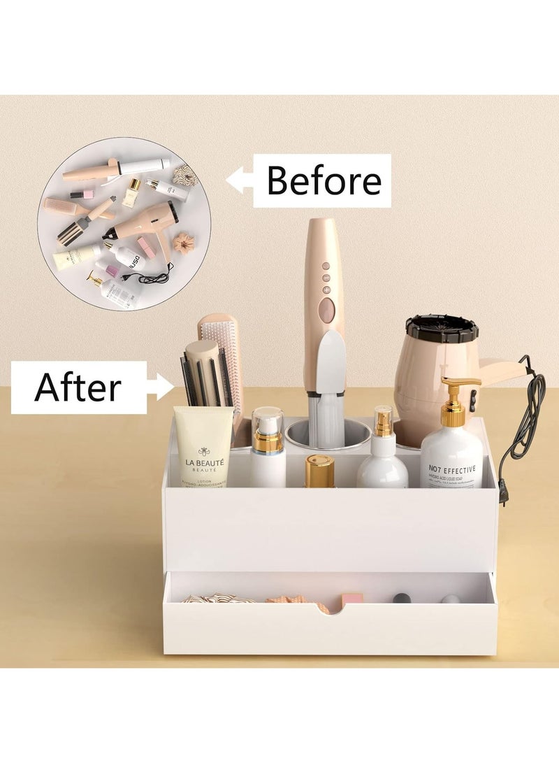 إي وورلد منظم أدوات الشعر الأكريليكي الأبيض مع 3 أكواب من الفولاذ المقاوم للصدأ ودرج، الحل النهائي للقرطاسية ومستحضرات التجميل ومستلزمات الحمام وإكسسوارات التجميل للمنزل، والمكتب، والفندق. - Image 4
