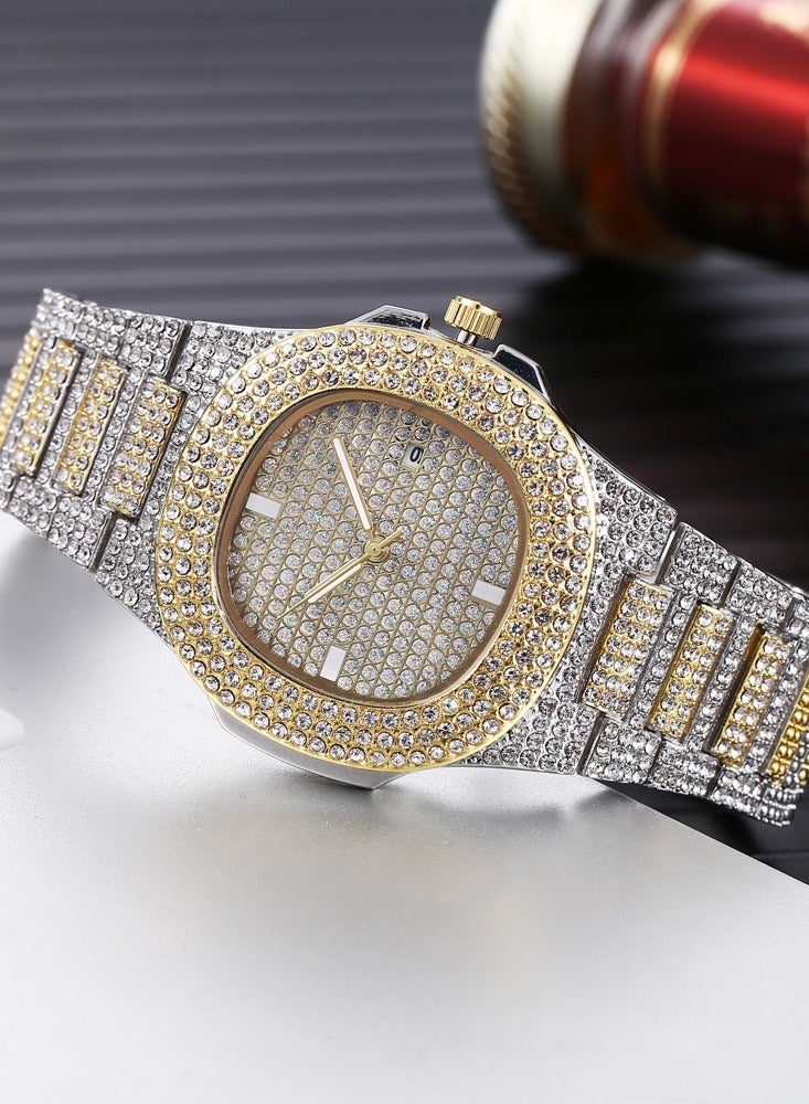 Luxury Silver & Gold Two-Tone Full Rhinestone Women's Quartz Watch – Starry Dial, Calendar, Waterproof Fashion Ladies Wristwatch - Image 3