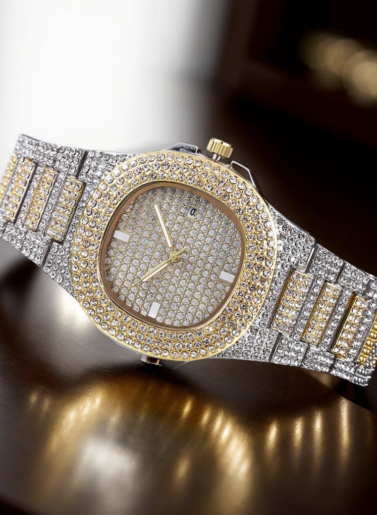 Luxury Silver & Gold Two-Tone Full Rhinestone Women's Quartz Watch – Starry Dial, Calendar, Waterproof Fashion Ladies Wristwatch - Image 2