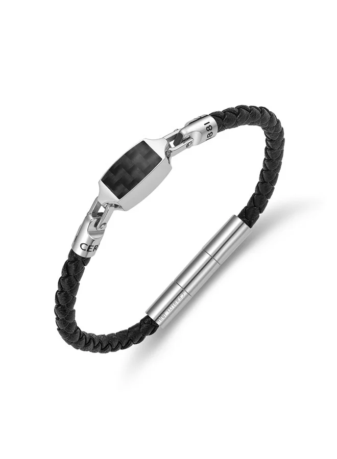 شيروتي 1881 Orazio Silver and Black Leather Bracelet
