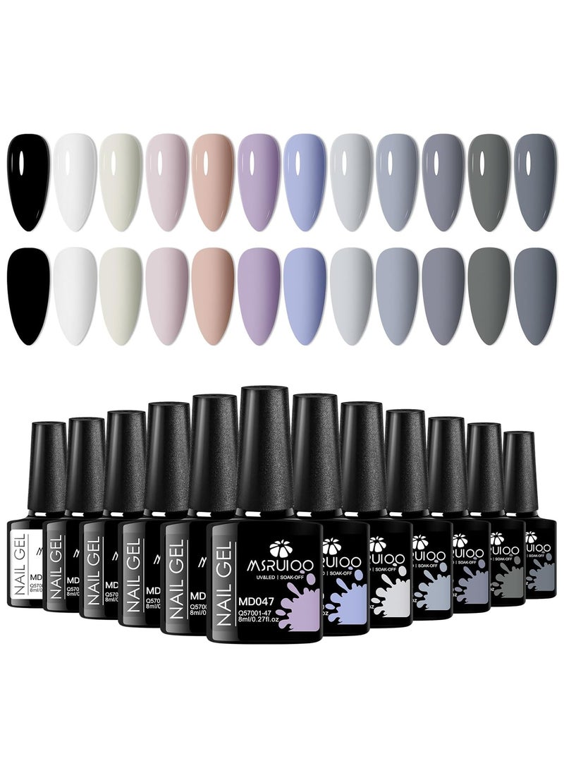 MSRUIOO Gel Nail Polish Set Gel Polish Grey Gel Nail Polish Kit 12 Colors, Cool Gray Collection Gel Polish Soak Off UV Light Cure for Nail Art DIY Nail Art Kit Manicure Gift 
