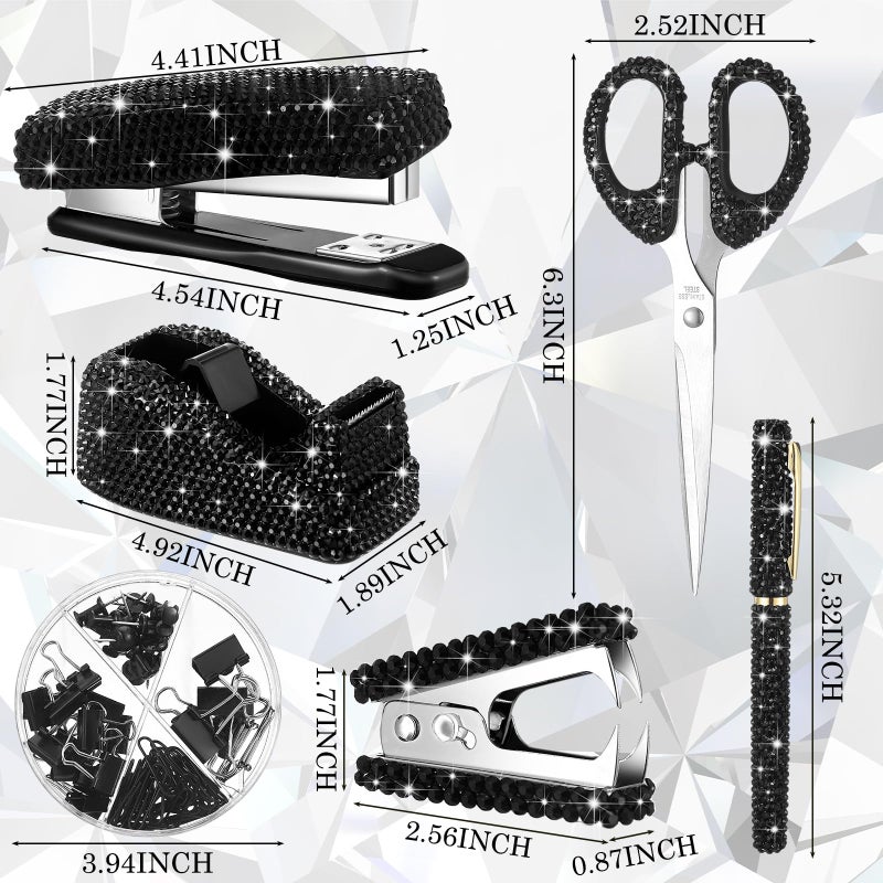 Demissle 6 Pcs Bling Office Desk Accessories Set Crystal School Stationery Kit Scissor Stapler with Staple, Tape Dispenser, Diamond Pen, Staple Remover, Binder Clip, Paper Clip, Push Pins(Black) - Image 5