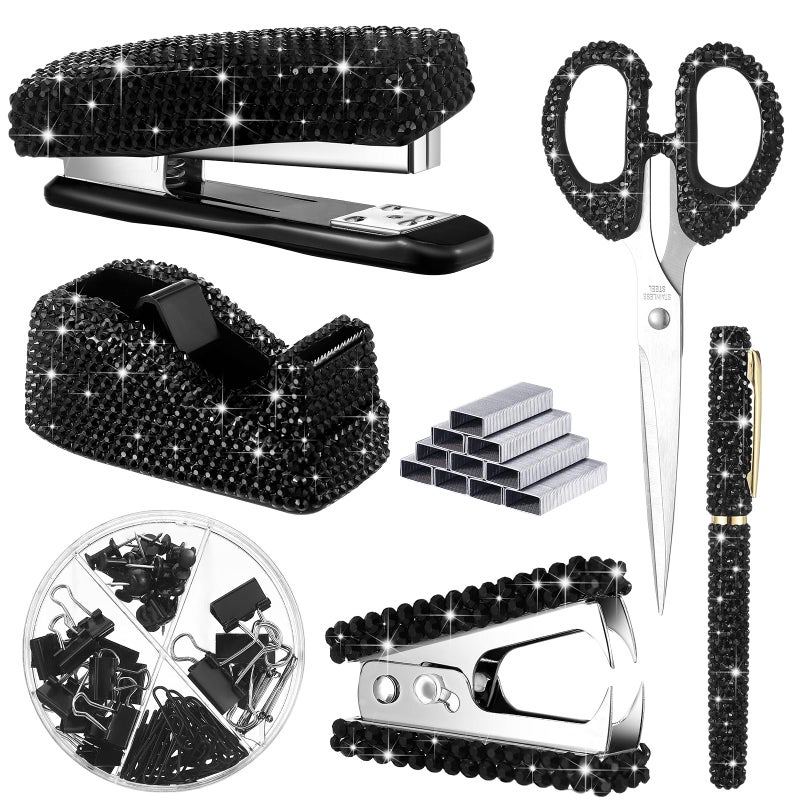 Demissle 6 Pcs Bling Office Desk Accessories Set Crystal School Stationery Kit Scissor Stapler with Staple, Tape Dispenser, Diamond Pen, Staple Remover, Binder Clip, Paper Clip, Push Pins(Black) - Image 1