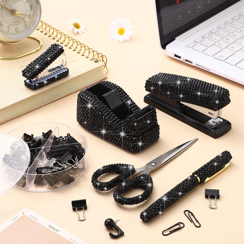 Demissle 6 Pcs Bling Office Desk Accessories Set Crystal School Stationery Kit Scissor Stapler with Staple, Tape Dispenser, Diamond Pen, Staple Remover, Binder Clip, Paper Clip, Push Pins(Black) - Image 2