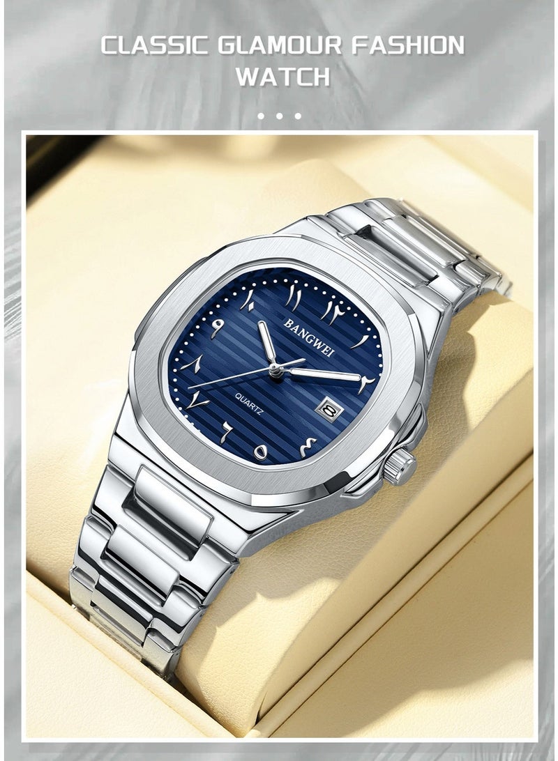 New Luxury Men's Quartz Watches Eastern Arabic numerals Waterproof Automatic Date Record Wristwatch Business Men Stainless Steel Silver Blue - Image 5