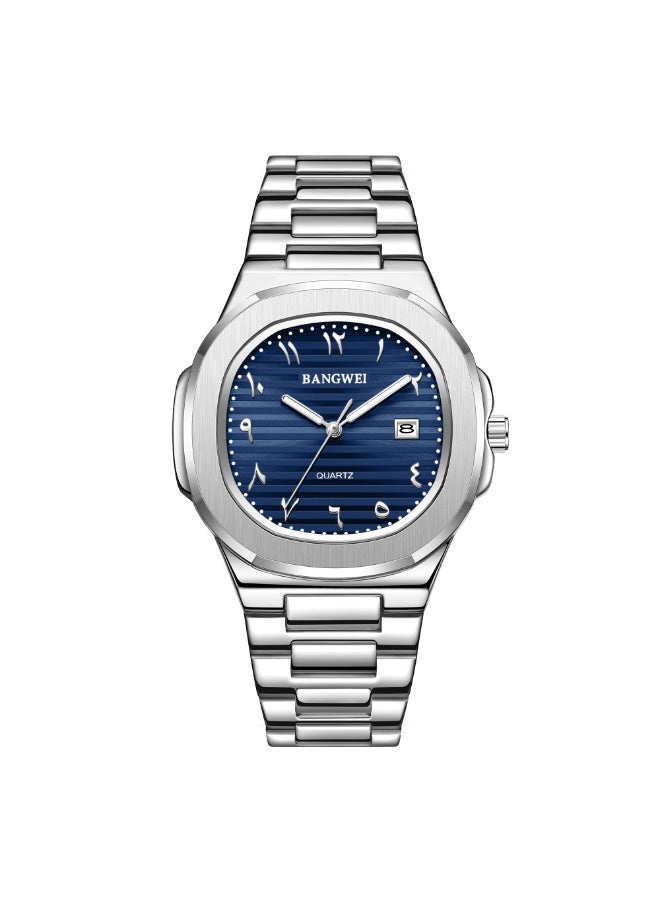 New Luxury Men's Quartz Watches Eastern Arabic numerals Waterproof Automatic Date Record Wristwatch Business Men Stainless Steel Silver Blue - Image 1