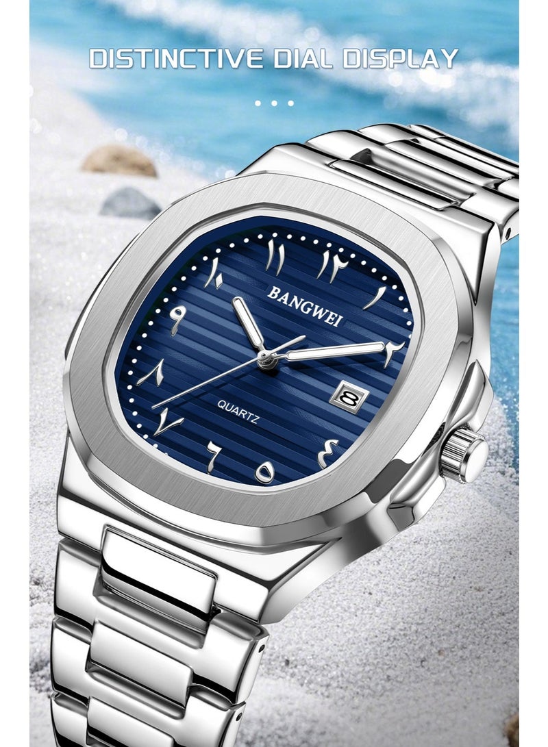 New Luxury Men's Quartz Watches Eastern Arabic numerals Waterproof Automatic Date Record Wristwatch Business Men Stainless Steel Silver Blue - Image 4