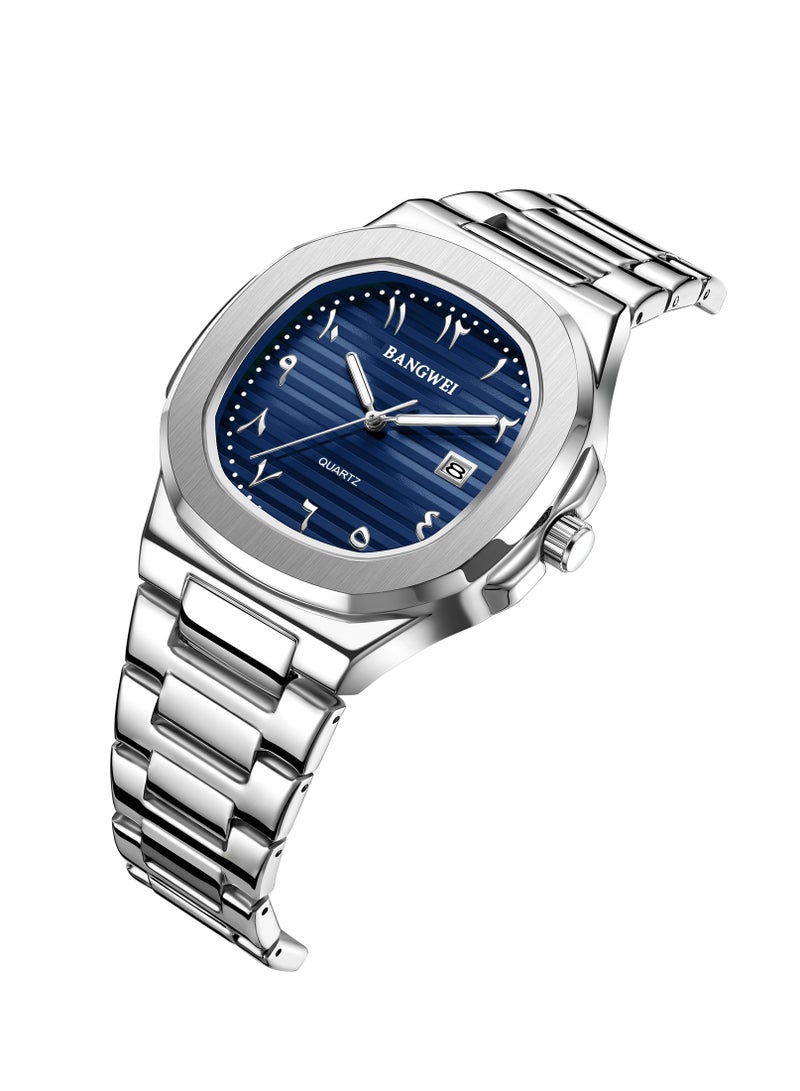 New Luxury Men's Quartz Watches Eastern Arabic numerals Waterproof Automatic Date Record Wristwatch Business Men Stainless Steel Silver Blue - Image 3