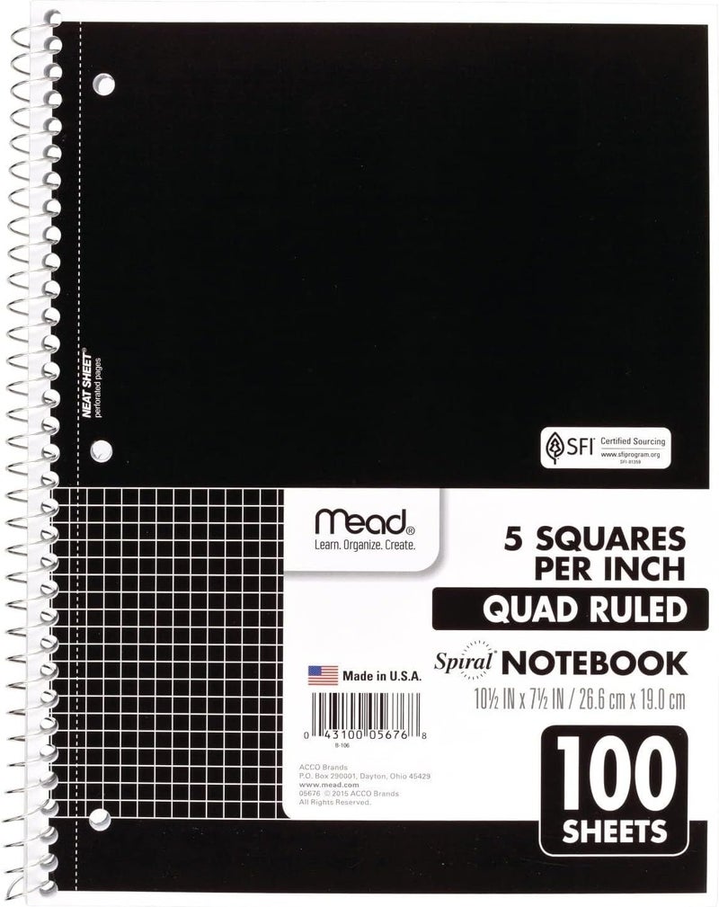 Mead Spiral Notebook, 1 Subject, Graph Ruled Paper, 7-1/2" x 10-1/2", 100 Sheets, Black (05676AA5) - Image 1