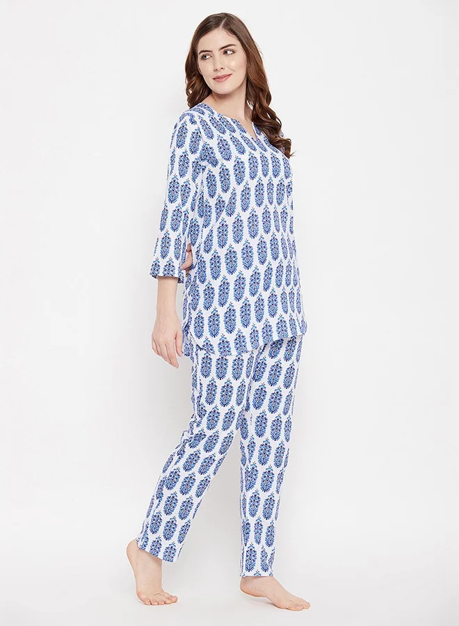 Clovia Clovia Pretty Florals Top & Pyjama in White - 100% Cotton