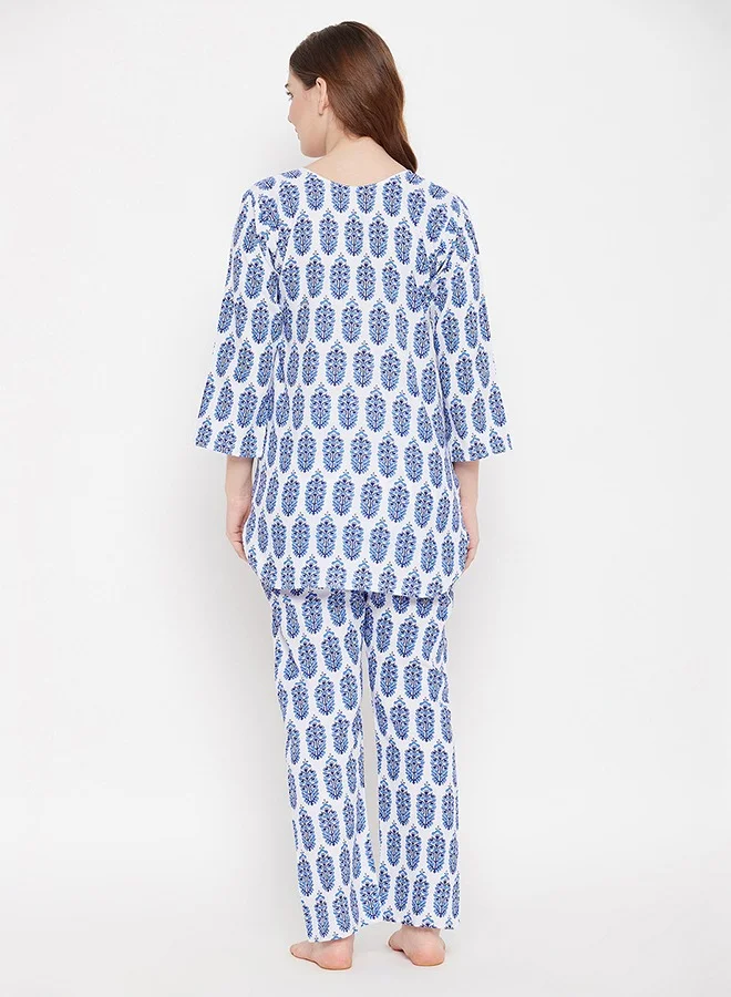 Clovia Clovia Pretty Florals Top & Pyjama in White - 100% Cotton