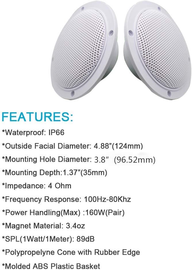 Herdio 4 Inches Waterproof Marine Ceiling Speakers with 160 Watts Power, Handling for Kitchen Bathroom Boat Car RV Camper Motorcycle Cloth Surround and Low Profile Design - 1 Pair (White) - Image 3