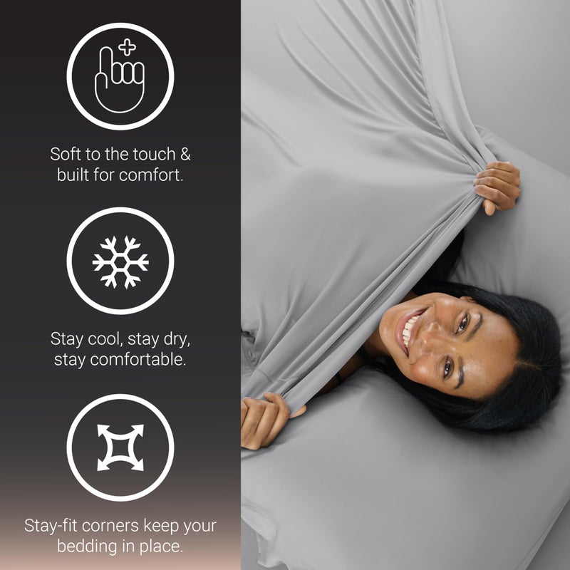 SHEEX - Active Comfort Cooling Sheets Set (Queen) Pewter - Moisture Wicking - 1 Flat Cooling Sheet, 1 Fitted Cooling Sheet, 2 Cooling Pillow Covers - Wrinkle Free - Sleep Aid - Image 2
