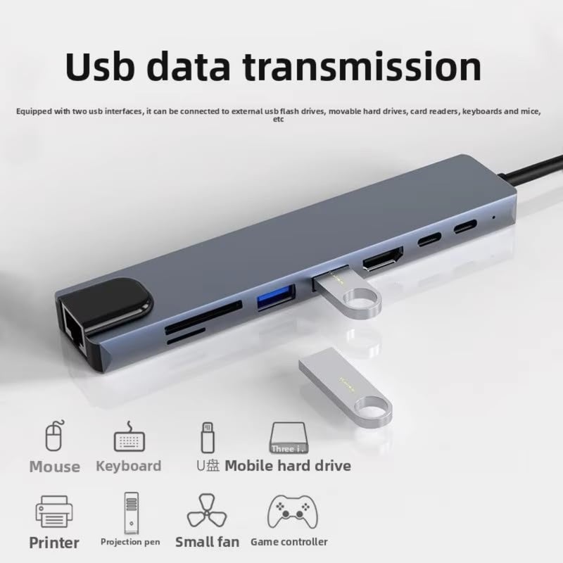 محطة إرساء 8 في 1 من النوع C، منفذ شبكة، USB، قاعدة توسيع متعددة المنافذ، محور USB متعدد الوظائف - Image 3