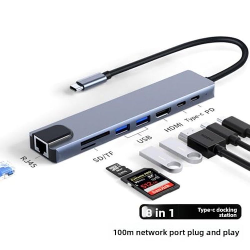 محطة إرساء 8 في 1 من النوع C، منفذ شبكة، USB، قاعدة توسيع متعددة المنافذ، محور USB متعدد الوظائف - Image 2