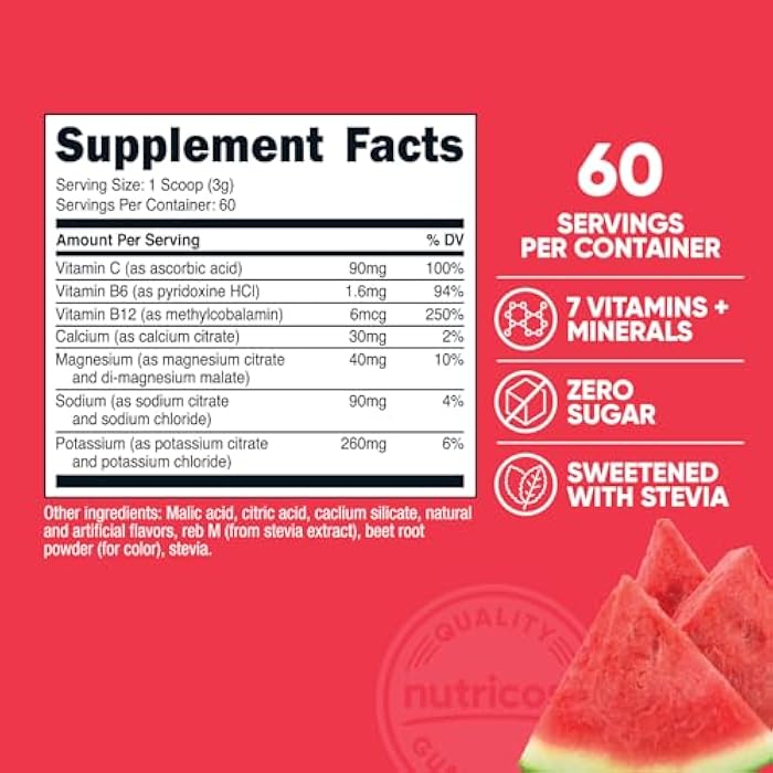 Nutricost Electrolytes Complex Powder (Watermelon) 60 Servings - Advanced Hydration Complex, 7 Vitamins + Minerals, Zero Sugar, Sweetened with Stevia, Gluten-Free, GMO-Free - Image 2