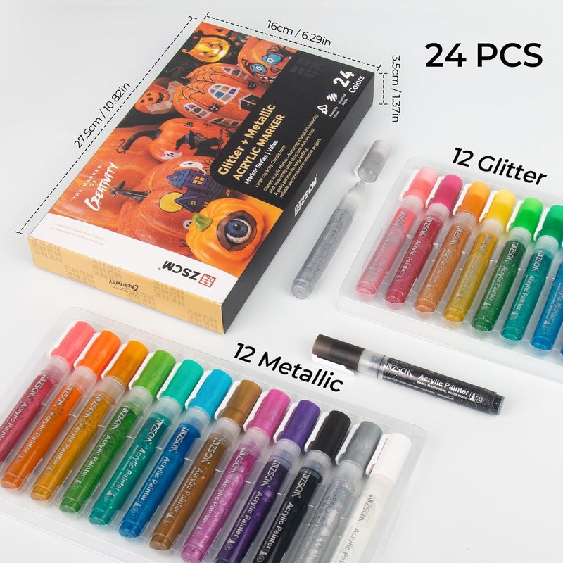 ZSCM QUALITY DECIDES THE FUTURE Paint Pens Acrylic Markers, ZSCM 24 Colors Paint Markers for Halloween Pumpkin Painting Kit, Glitter & Metallic Art Marker, for Adults Card Making, Rocks Painting, Wood Slices, Pumpkin Decoration - Image 5