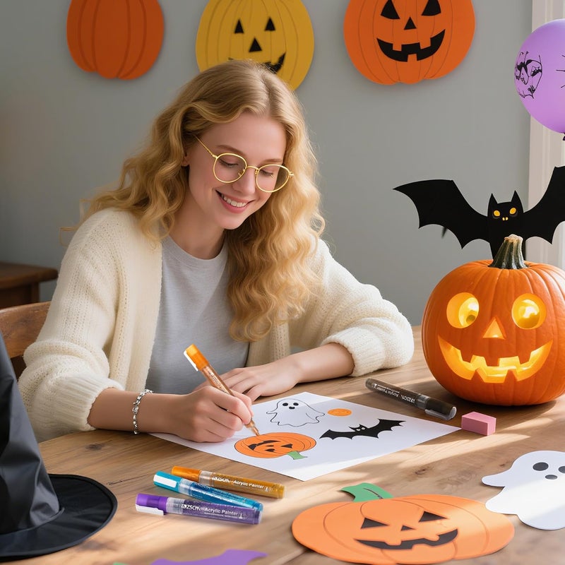 ZSCM QUALITY DECIDES THE FUTURE Paint Pens Acrylic Markers, ZSCM 24 Colors Paint Markers for Halloween Pumpkin Painting Kit, Glitter & Metallic Art Marker, for Adults Card Making, Rocks Painting, Wood Slices, Pumpkin Decoration - Image 4