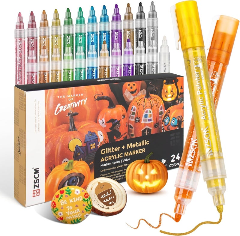 ZSCM QUALITY DECIDES THE FUTURE Paint Pens Acrylic Markers, ZSCM 24 Colors Paint Markers for Halloween Pumpkin Painting Kit, Glitter & Metallic Art Marker, for Adults Card Making, Rocks Painting, Wood Slices, Pumpkin Decoration - Image 1