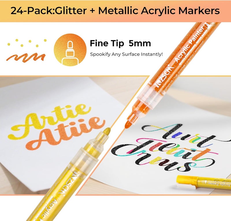 ZSCM QUALITY DECIDES THE FUTURE Paint Pens Acrylic Markers, ZSCM 24 Colors Paint Markers for Halloween Pumpkin Painting Kit, Glitter & Metallic Art Marker, for Adults Card Making, Rocks Painting, Wood Slices, Pumpkin Decoration - Image 2
