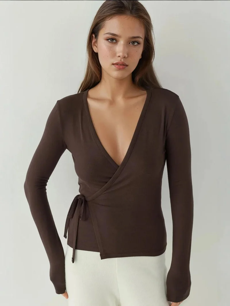 HICCUP Soft Touch Knitted V-Neck Long Sleeve Viscose Blouse