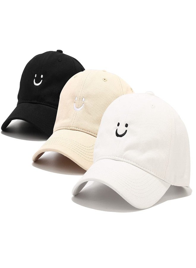 Umeepar 3 Pack Smile Face Cotton Baseball Cap Adjustable Low Profile Unstructured Dad Hat for Men Women (Black, White, Beige) - Image 1