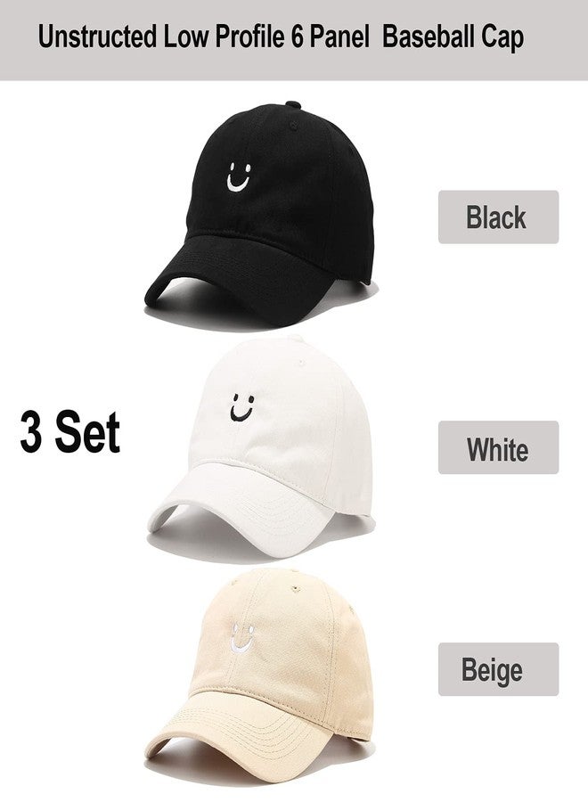 Umeepar 3 Pack Smile Face Cotton Baseball Cap Adjustable Low Profile Unstructured Dad Hat for Men Women (Black, White, Beige) - Image 3