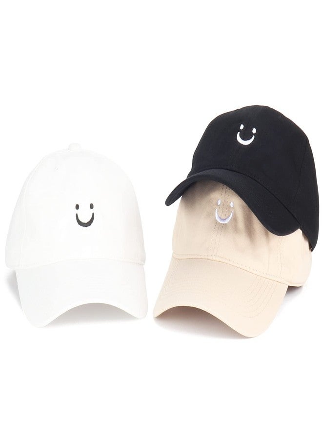 Umeepar 3 Pack Smile Face Cotton Baseball Cap Adjustable Low Profile Unstructured Dad Hat for Men Women (Black, White, Beige) - Image 2