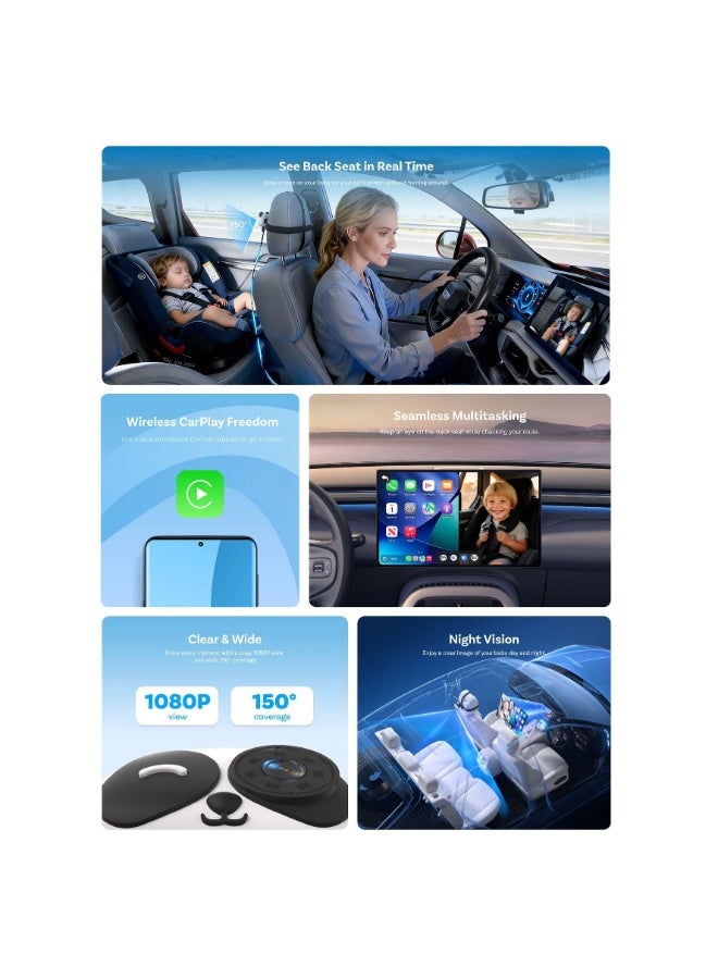جوي توتوس محول CarPlay لاسلكي مزود بكاميرا للمقعد الخلفي – زاوية رؤية واسعة تبلغ 150 درجة، ورؤية ليلية، وواي فاي بتردد 5 جيجاهرتز - Image 2