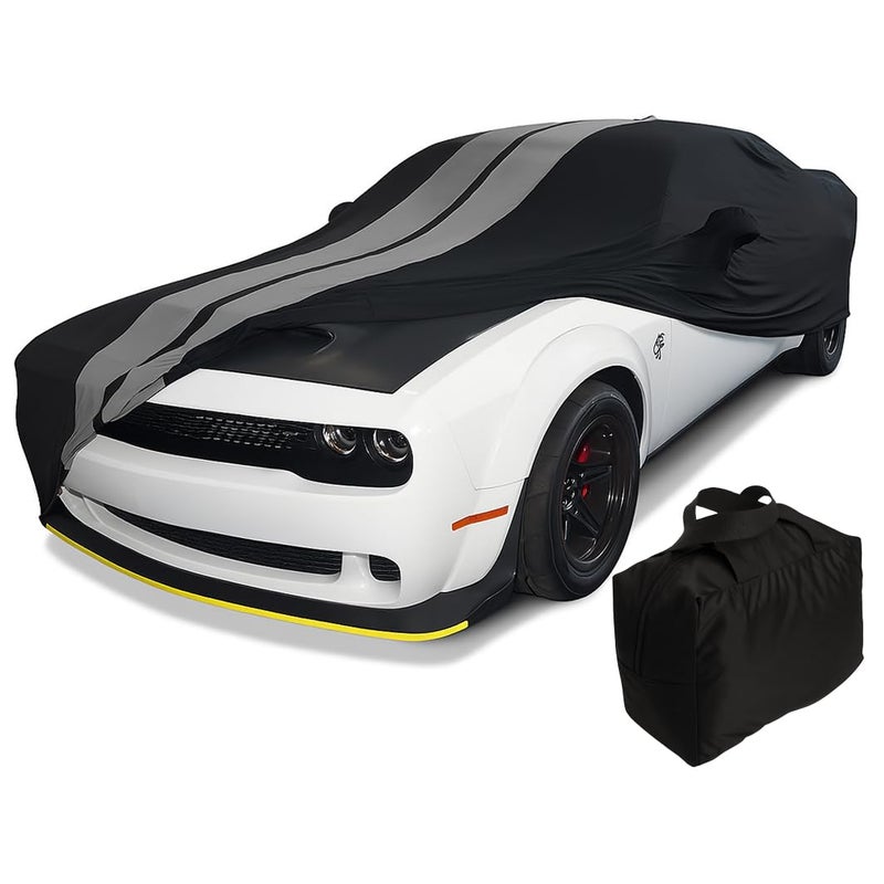 Dodge Challenger Custom Fit Car Cover Indoor Ultraguard Stretch Satin Protect from Dust The Ultimate High End Fit for All 20082025 Dodge Challengers Black with Gray Stripes
