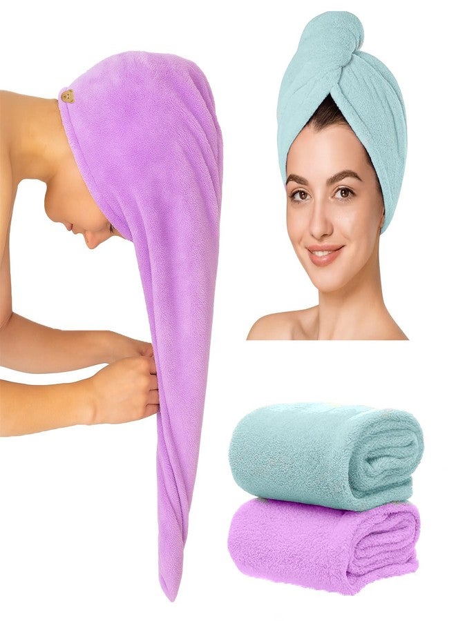 MAXOSHINE Hair Towel Wrap for Women-Quick Drying Microfiber Towel for Hair with Elastic Loop for Tying-Super Absorbent Head Towels Wrap for Ladies Hair Turban (Pack of 2-Purple & Green) - Image 1