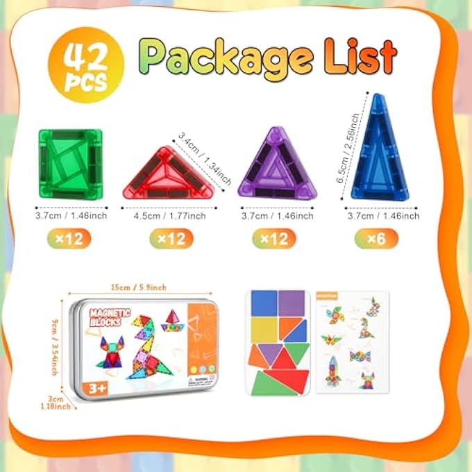 MAGNETIC BUILDING BLOCKS FOR CHILDREN, 42-PIECE MAGNETIC BUILDING BLOCKS, TRAVEL TOY WITH METAL BOX, MINI MAGNETIC TILES BUILDING TOY, STEM MONTESSORI MAGNETIC TOY FOR AGE 3 + BOYS GIRLS - Image 5