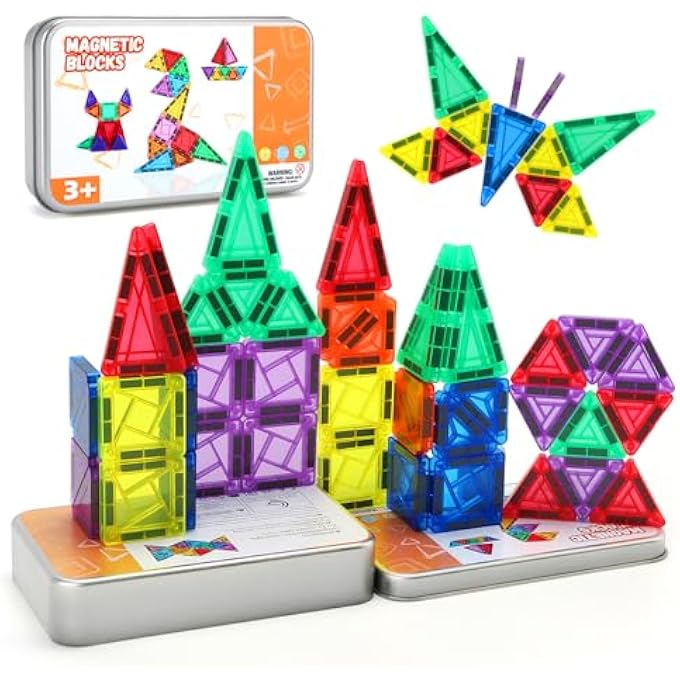MAGNETIC BUILDING BLOCKS FOR CHILDREN, 42-PIECE MAGNETIC BUILDING BLOCKS, TRAVEL TOY WITH METAL BOX, MINI MAGNETIC TILES BUILDING TOY, STEM MONTESSORI MAGNETIC TOY FOR AGE 3 + BOYS GIRLS - Image 2