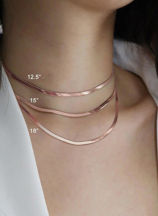 FOCALOOK 14K Gold Plated Necklaces for Women, Fashion Herringbone Choker Necklace Stainless Steel Flat Snake Chain 3/5MM(W) 12.5"/15"/18"+3.5"(L), 3MM width, Stainless Steel, Cubic Zirconia - Image 2