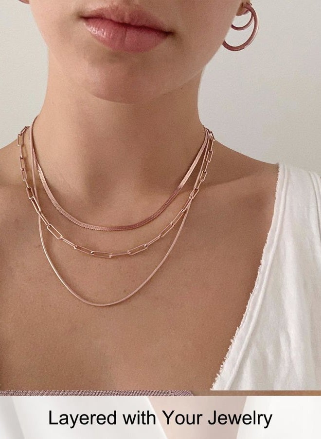 FOCALOOK 14K Gold Plated Necklaces for Women, Fashion Herringbone Choker Necklace Stainless Steel Flat Snake Chain 3/5MM(W) 12.5"/15"/18"+3.5"(L), 3MM width, Stainless Steel, Cubic Zirconia - Image 4