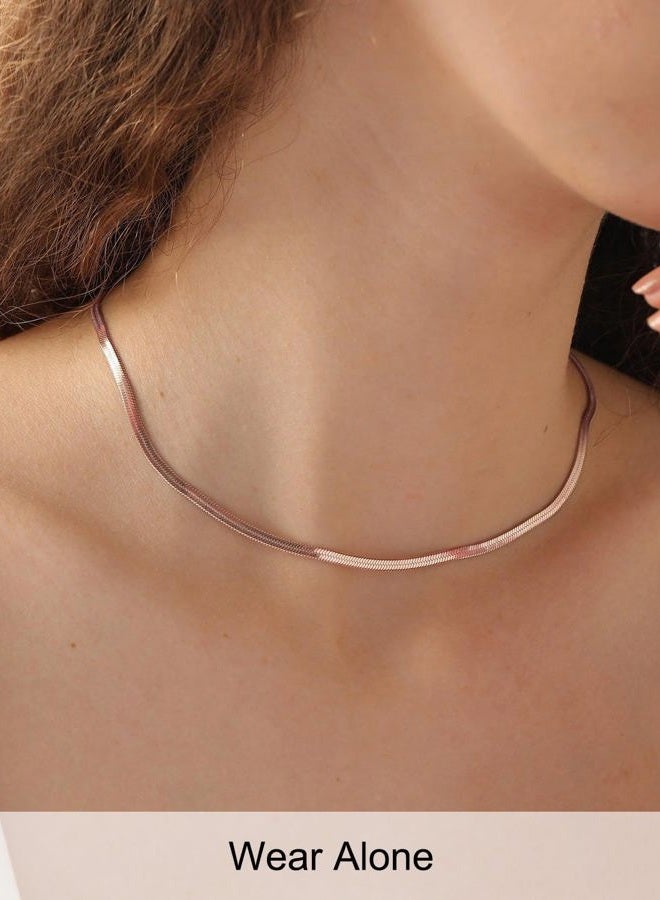 FOCALOOK 14K Gold Plated Necklaces for Women, Fashion Herringbone Choker Necklace Stainless Steel Flat Snake Chain 3/5MM(W) 12.5"/15"/18"+3.5"(L), 3MM width, Stainless Steel, Cubic Zirconia - Image 3
