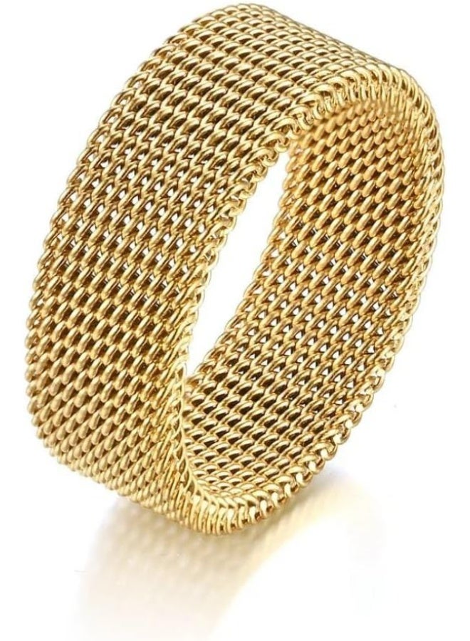 فيروز جوليري خاتم شبكي من ستانلس ستيل المقاوم للصدأ مطلي بالذهب عيار 18 قيراطًا، مناسب للرجال والنساء والأولاد والبنات. تصميم شبكي عصري بسيط ومرن. من فيروز جوليري . - Image 1