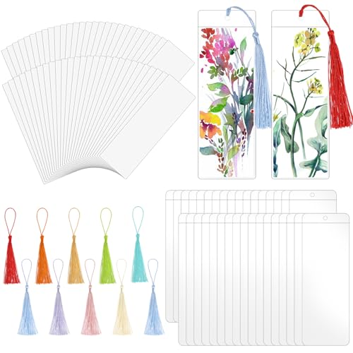 WSICSE 60 Sets Kraft Paper Blank Bookmarks with Tassels, Cardstock DIY Bookmark Making Kit, DIY Projects Party Favor Gift Tag Bulk PVC Tags, 60 Bookmarks 60 Clear Bookmark Sleeves 60 Tassels - Image 1