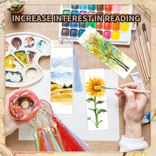 WSICSE 60 Sets Kraft Paper Blank Bookmarks with Tassels, Cardstock DIY Bookmark Making Kit, DIY Projects Party Favor Gift Tag Bulk PVC Tags, 60 Bookmarks 60 Clear Bookmark Sleeves 60 Tassels - Image 5