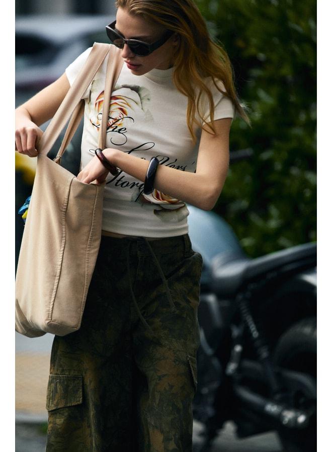 GRIMELANGE EFILIUM Women's Soft and Flexible Fabric Organic Cotton Print Detailed Beige T-Shirt. - Image 2